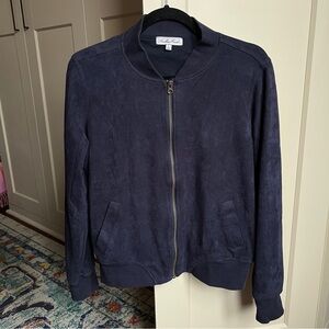 Another Love Navy Blue Faux Microsuede Full Zip Bomber Jacket large